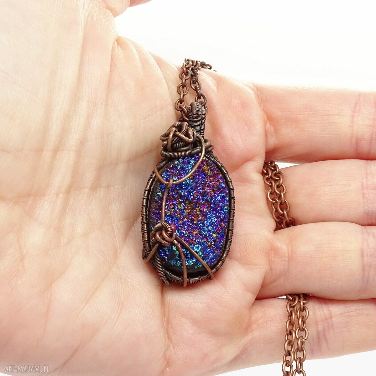 Miedziany naszyjnik z galwanizowanym agatem - kobalt i fiolet (wire-wrapping)