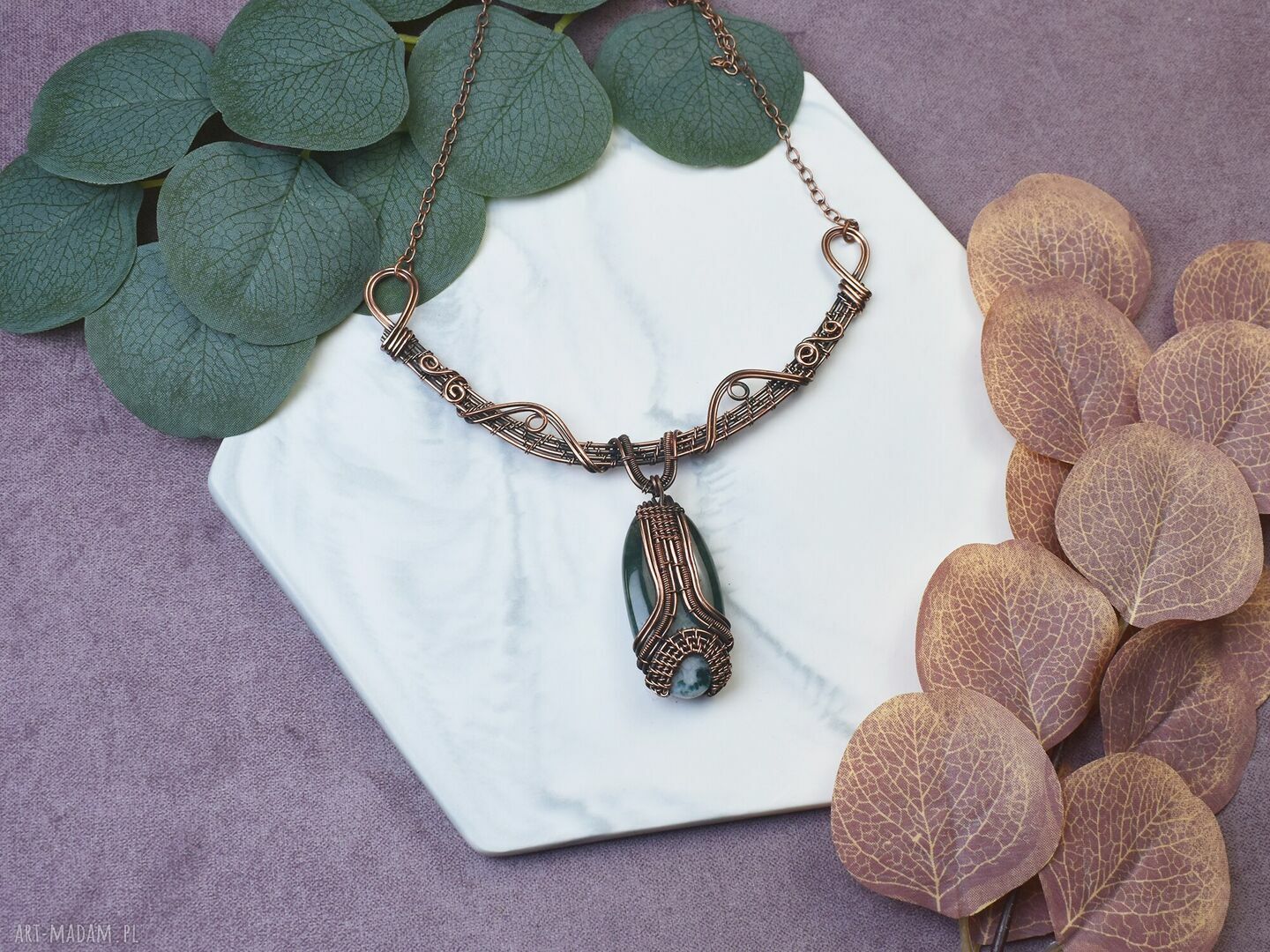 Miedziany naszyjnik wire wrapping z agatem mszystym #494