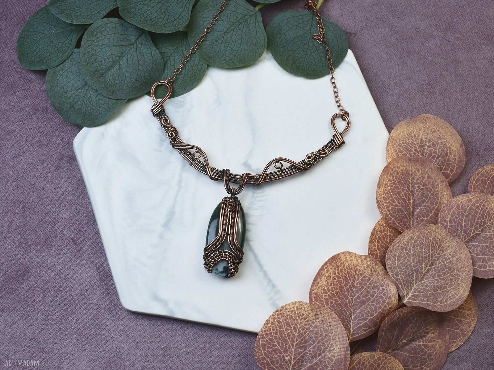 Miedziany naszyjnik wire wrapping z agatem mszystym #494