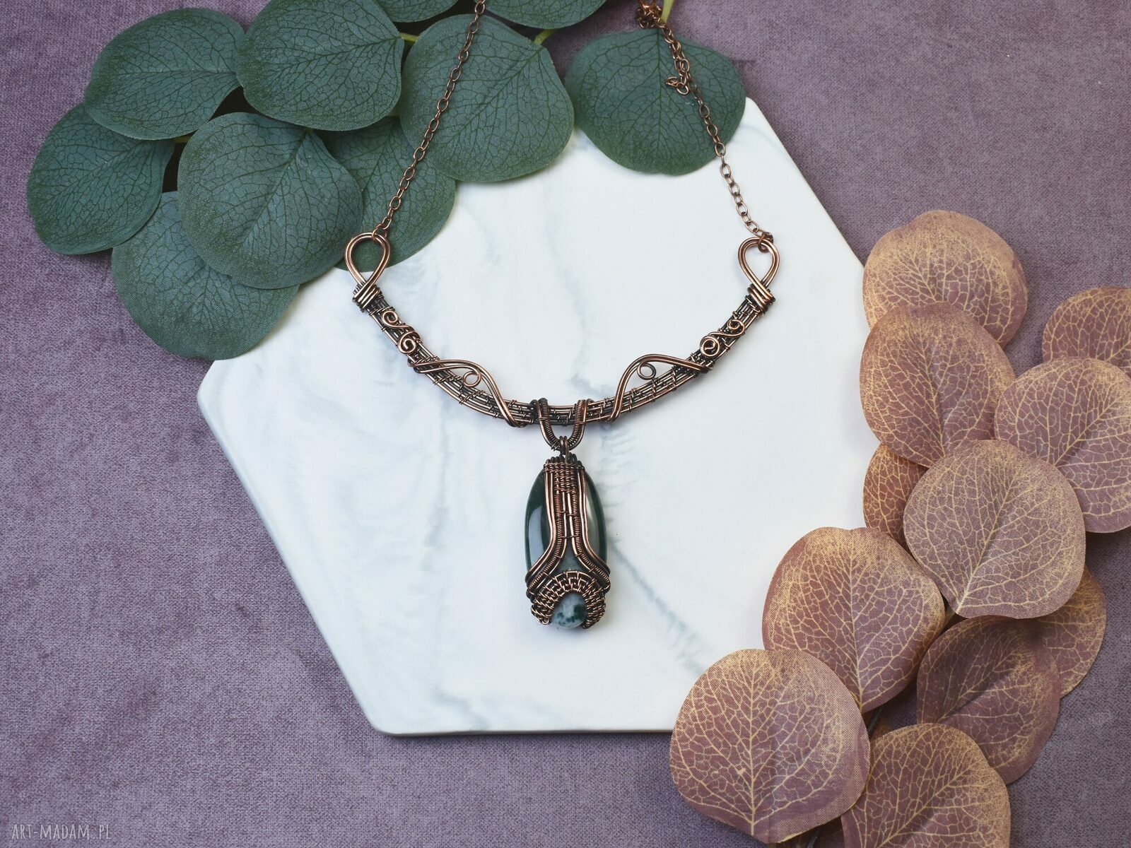 Miedziany naszyjnik wire wrapping z agatem mszystym #494
