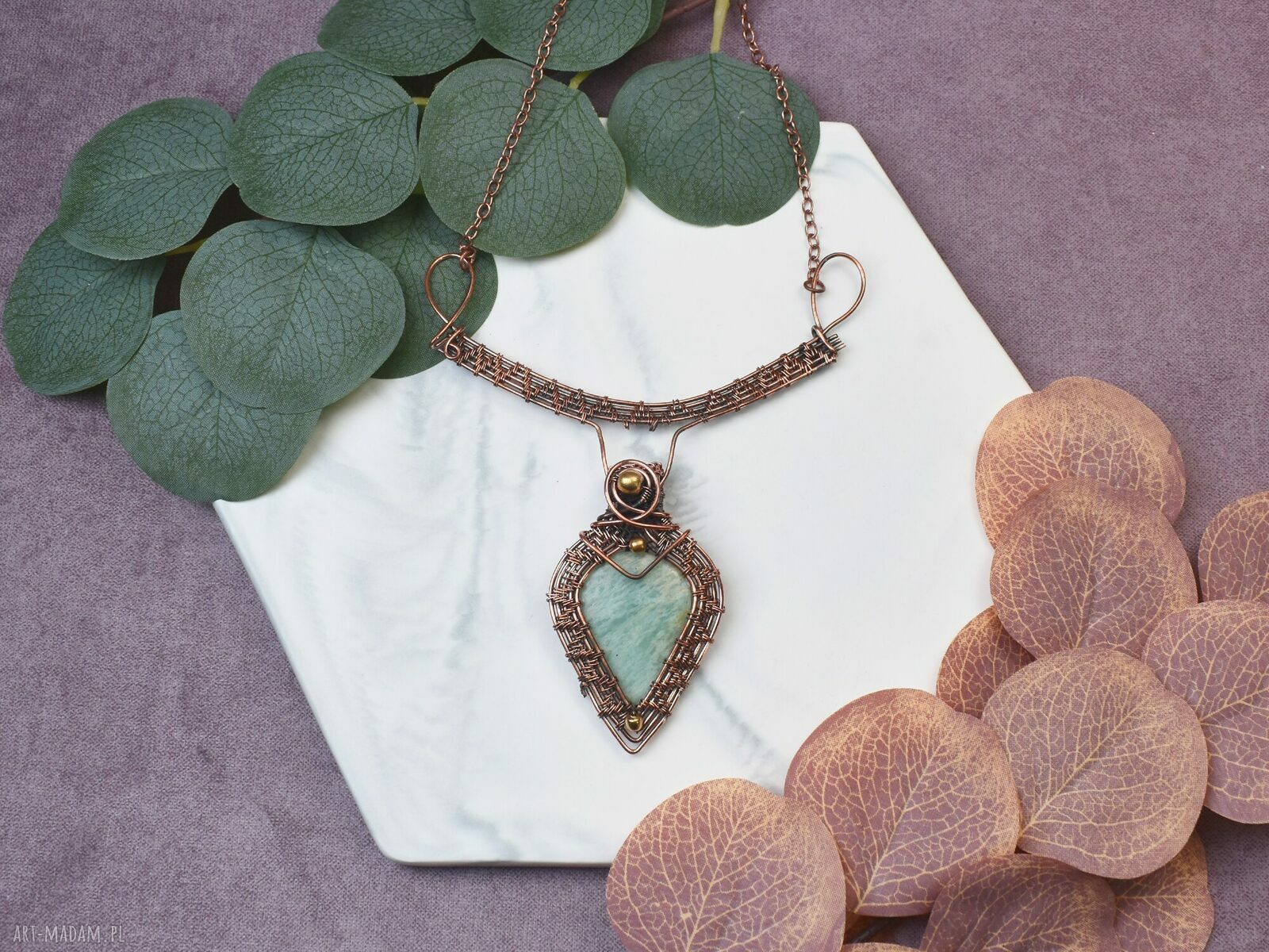 Miedziany naszyjnik wire wrapping z amazonitem boho wisiorek