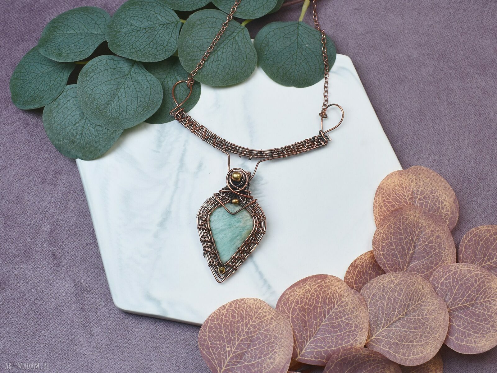 Miedziany naszyjnik wire wrapping z amazonitem boho wisiorek