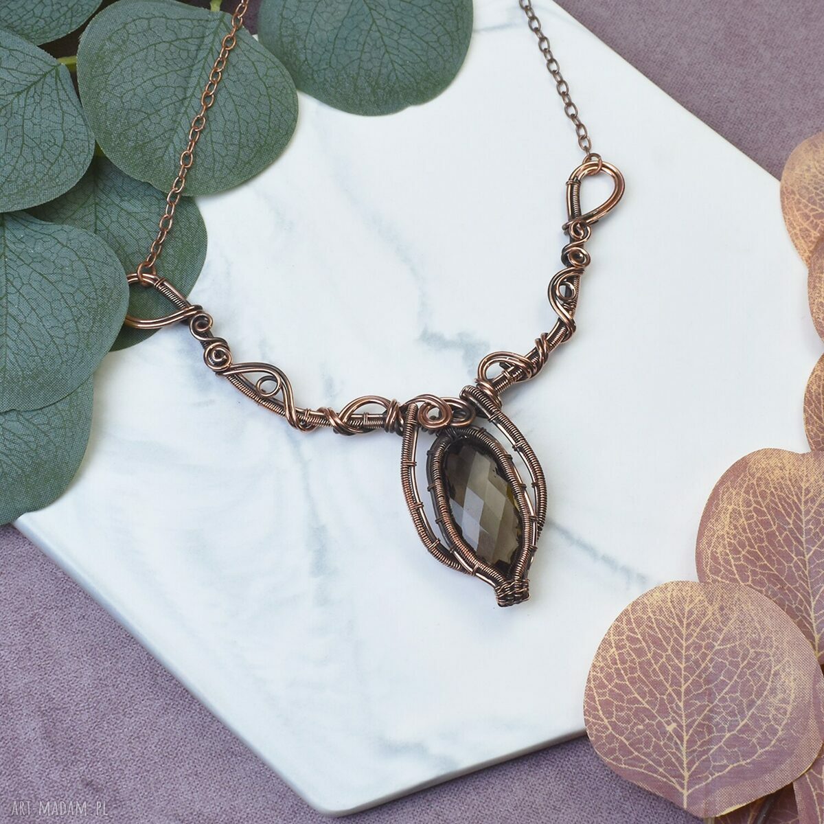 Miedziany naszyjnik Wire z kamieniem - wisiorek amulet handmade