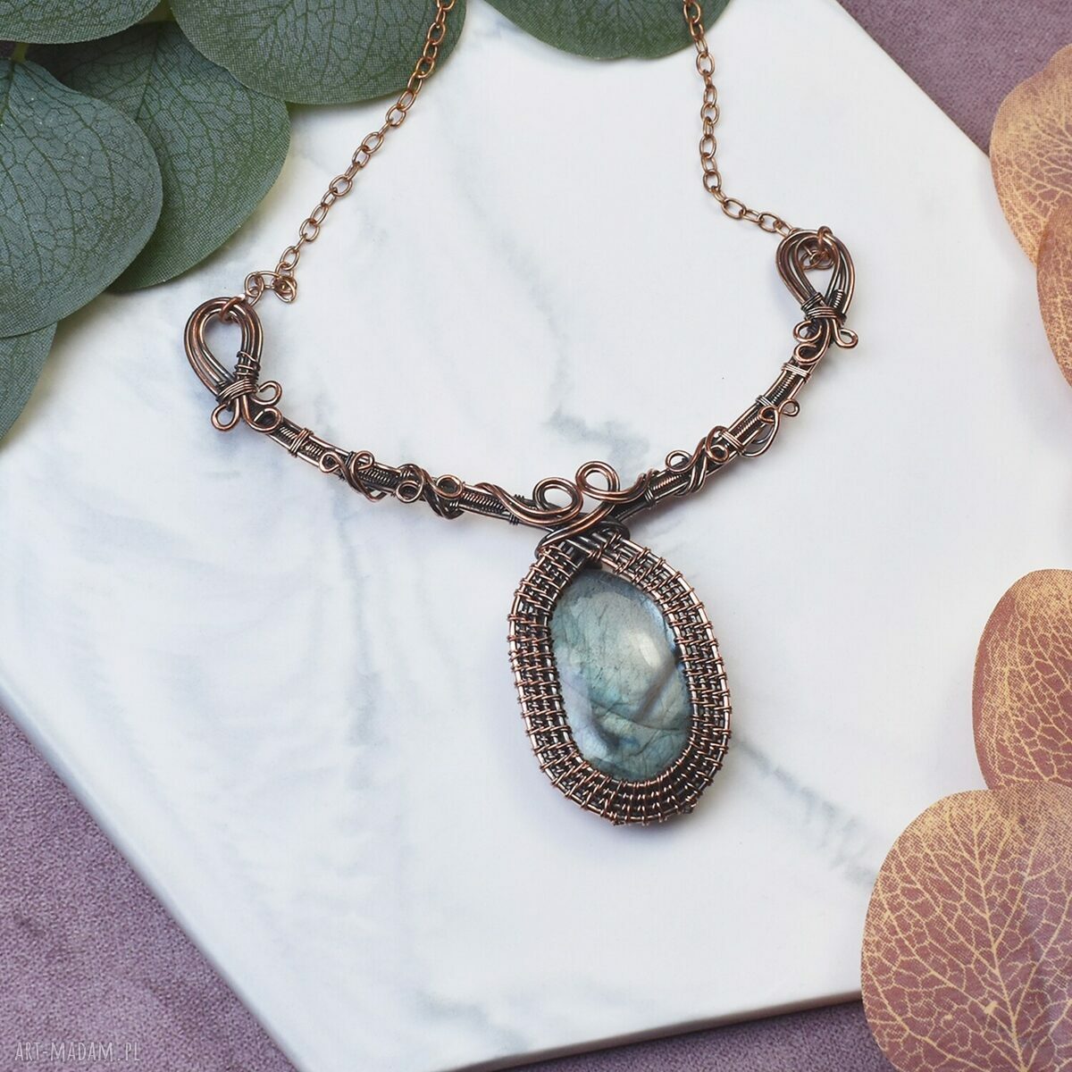 Miedziany naszyjnik wire wrapping z labradorytem boho - ręcznie robiony