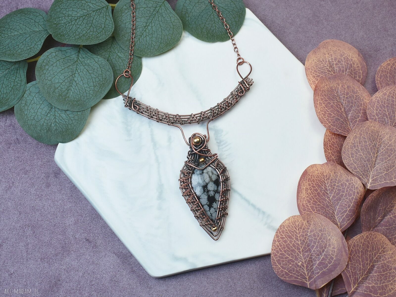 Miedziany naszyjnik wire wrapping z obsydianem śnieżnym #492 ręcznie robiony