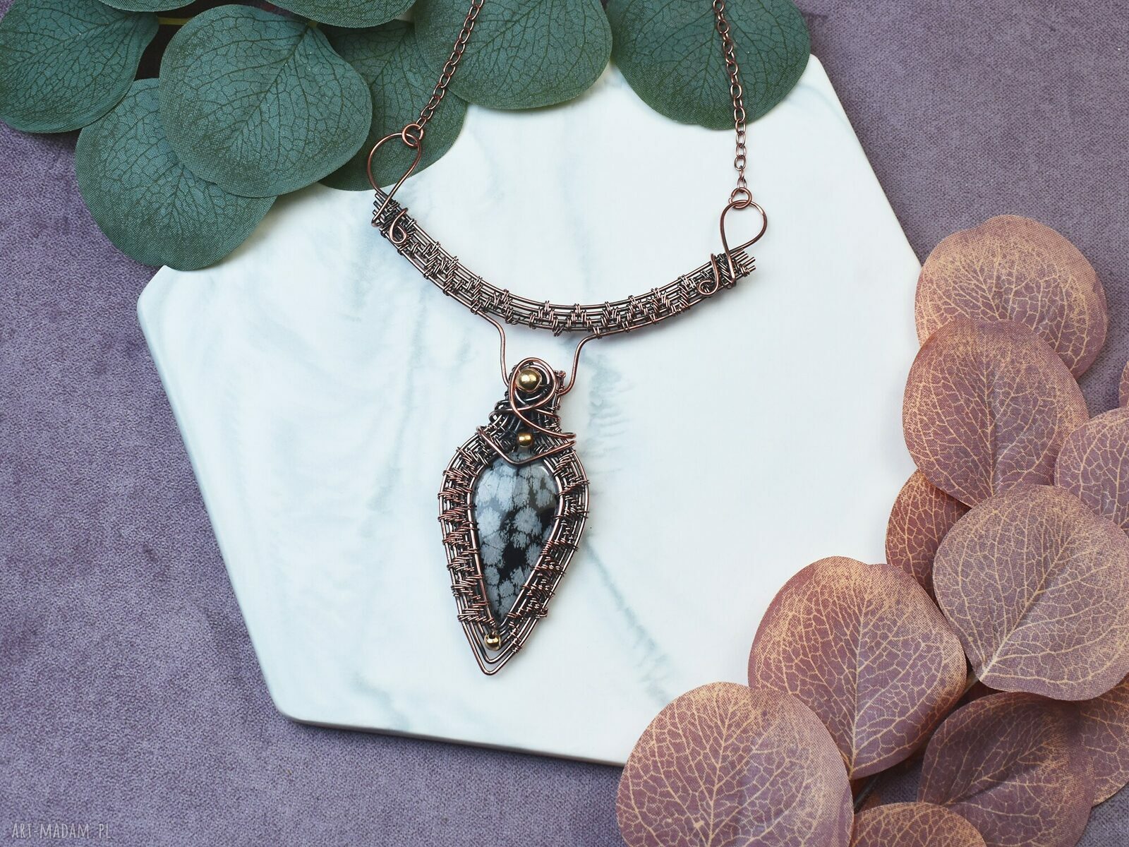 Miedziany naszyjnik wire wrapping z obsydianem śnieżnym #492 ręcznie robiony