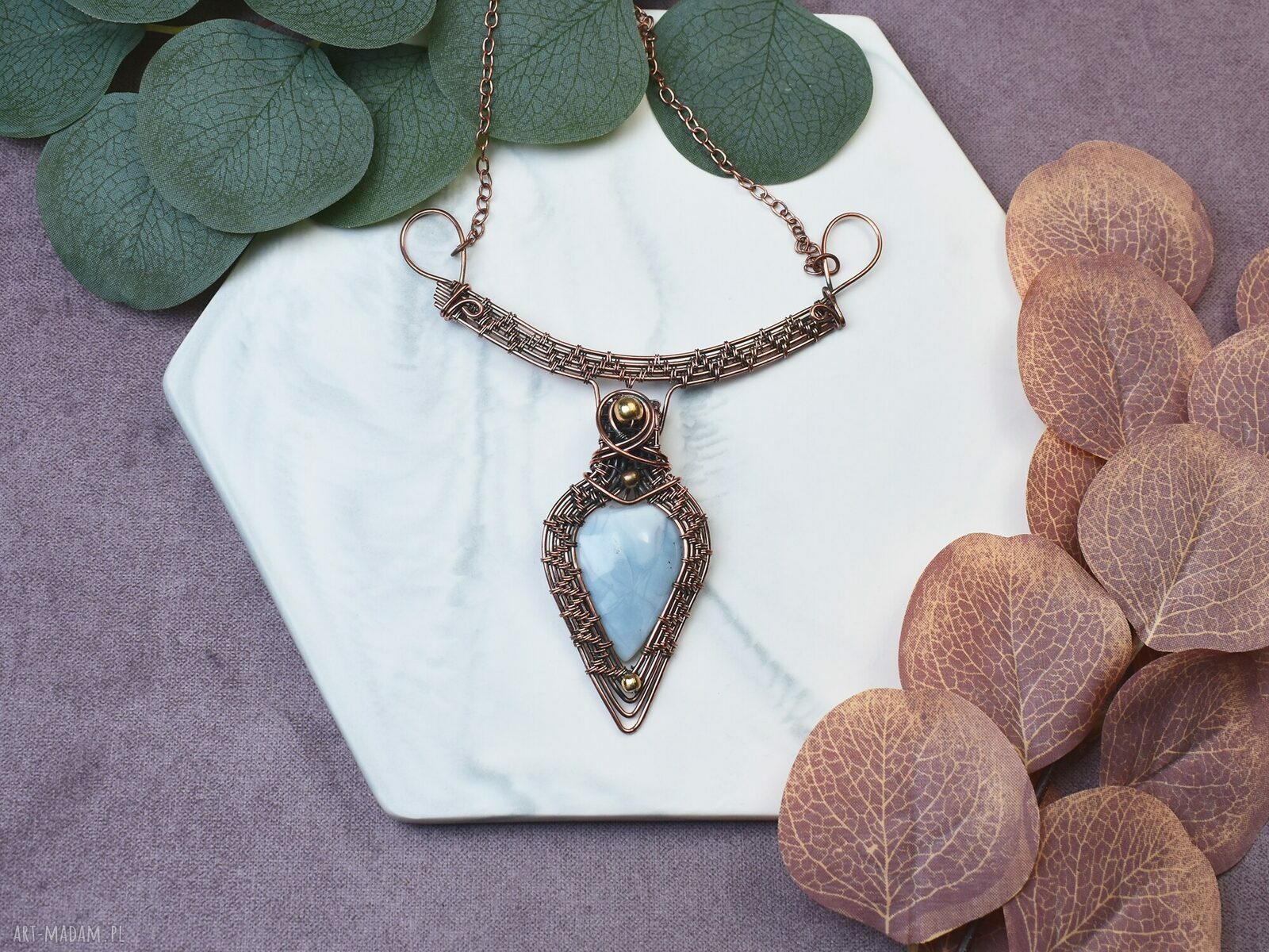 Miedziany naszyjnik wire wrapping z opalem Owyhee ręcznie robiony