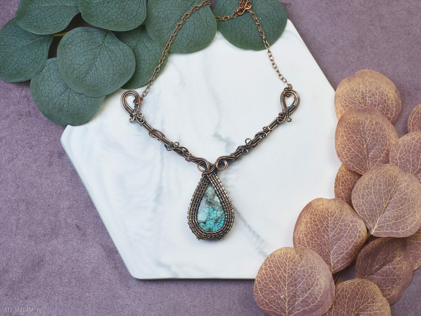 Miedziany naszyjnik wire wrapping z turkusem rękodzieło