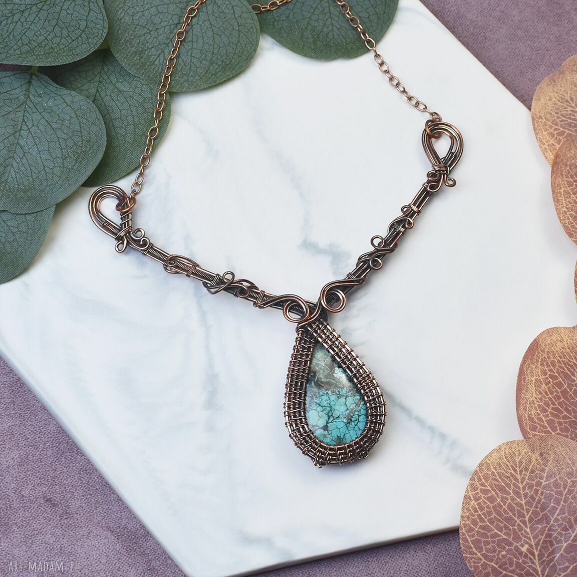 Miedziany naszyjnik wire wrapping z turkusem - rękodzieło