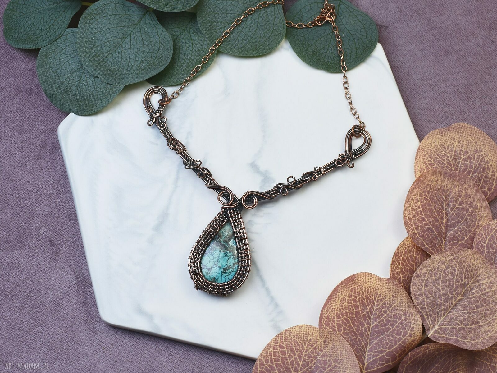 Miedziany naszyjnik wire wrapping z turkusem rękodzieło