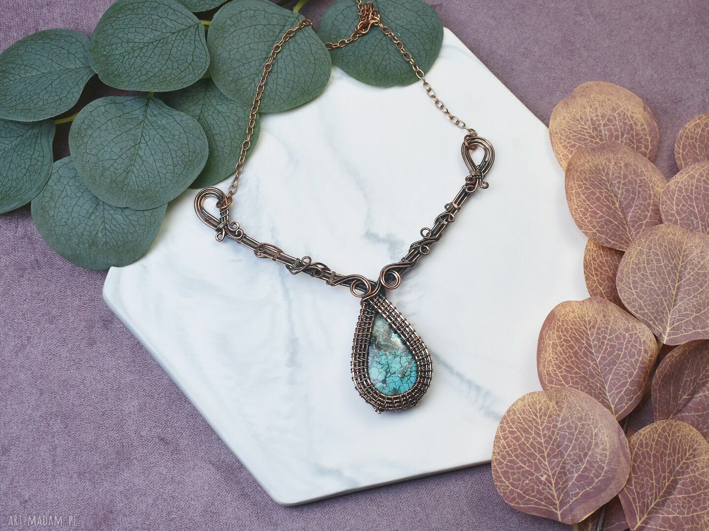 Miedziany naszyjnik wire wrapping z turkusem rękodzieło