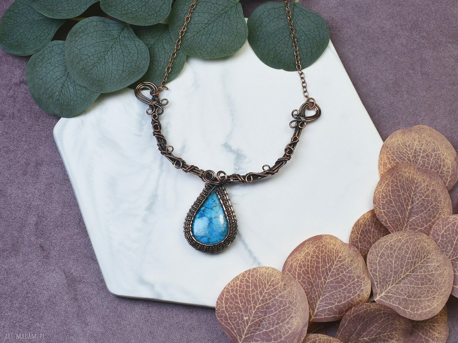 Miedziany naszyjnik Wire Wrapping z turkusem ręcznie robiony