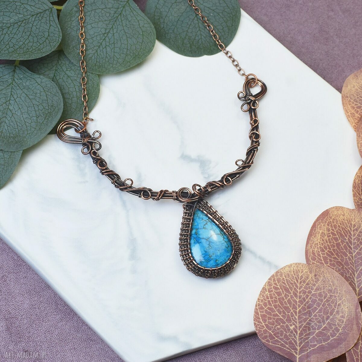 Miedziany naszyjnik Wire Wrapping z turkusem - ręcznie robiony