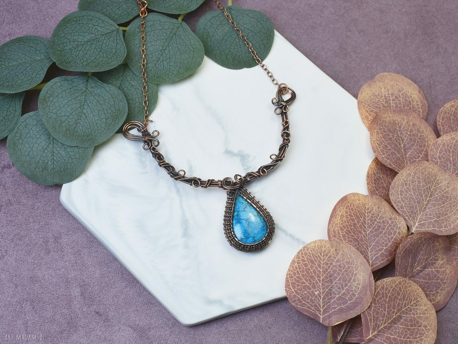 Miedziany naszyjnik Wire Wrapping z turkusem ręcznie robiony