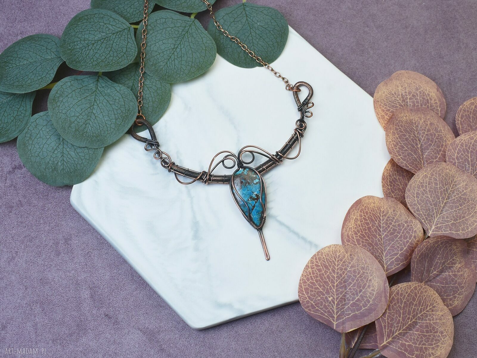 Miedziany naszyjnik wire wrapping z turkusem #496 boho amulet