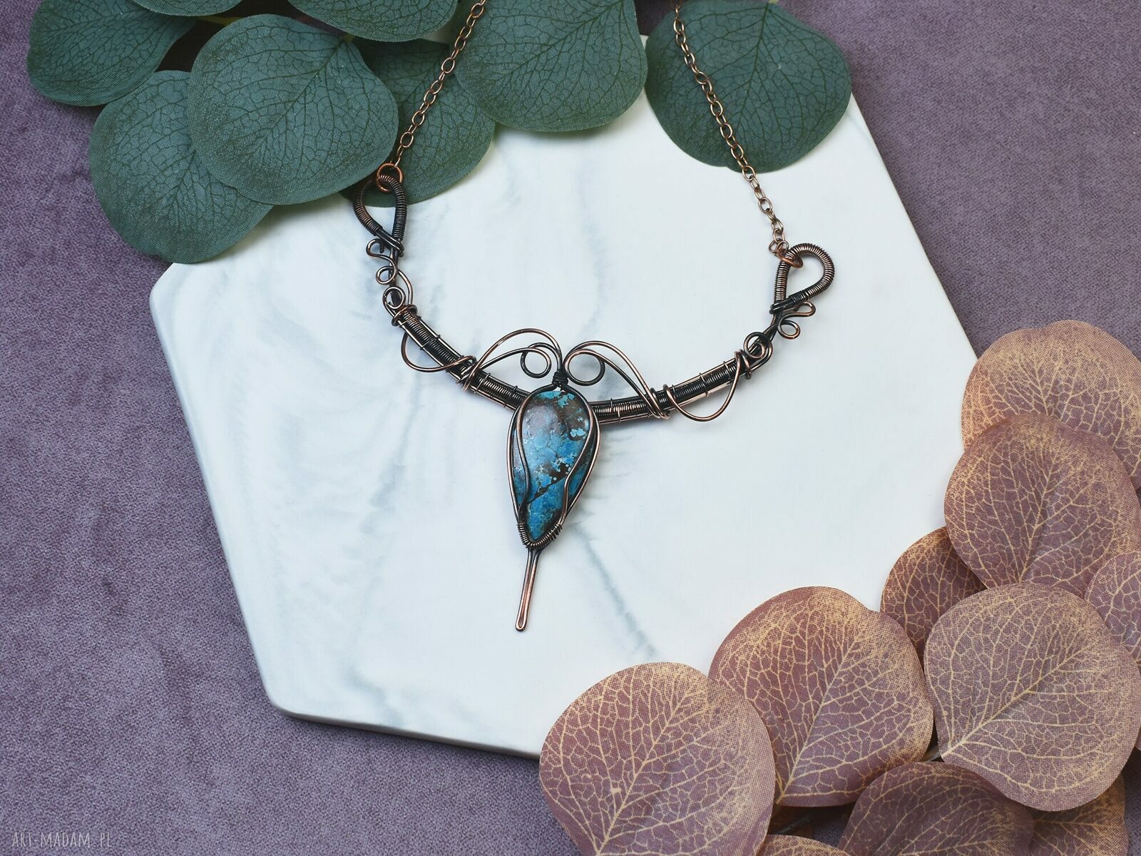 Miedziany naszyjnik wire wrapping z turkusem #496 boho amulet