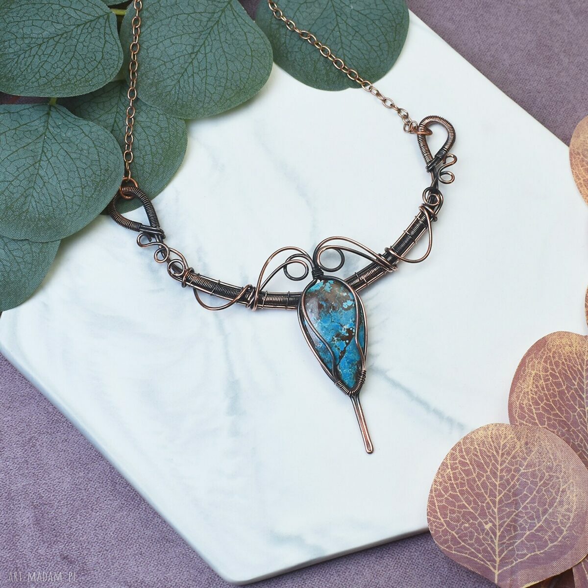 Miedziany naszyjnik wire wrapping z turkusem #496 - boho amulet