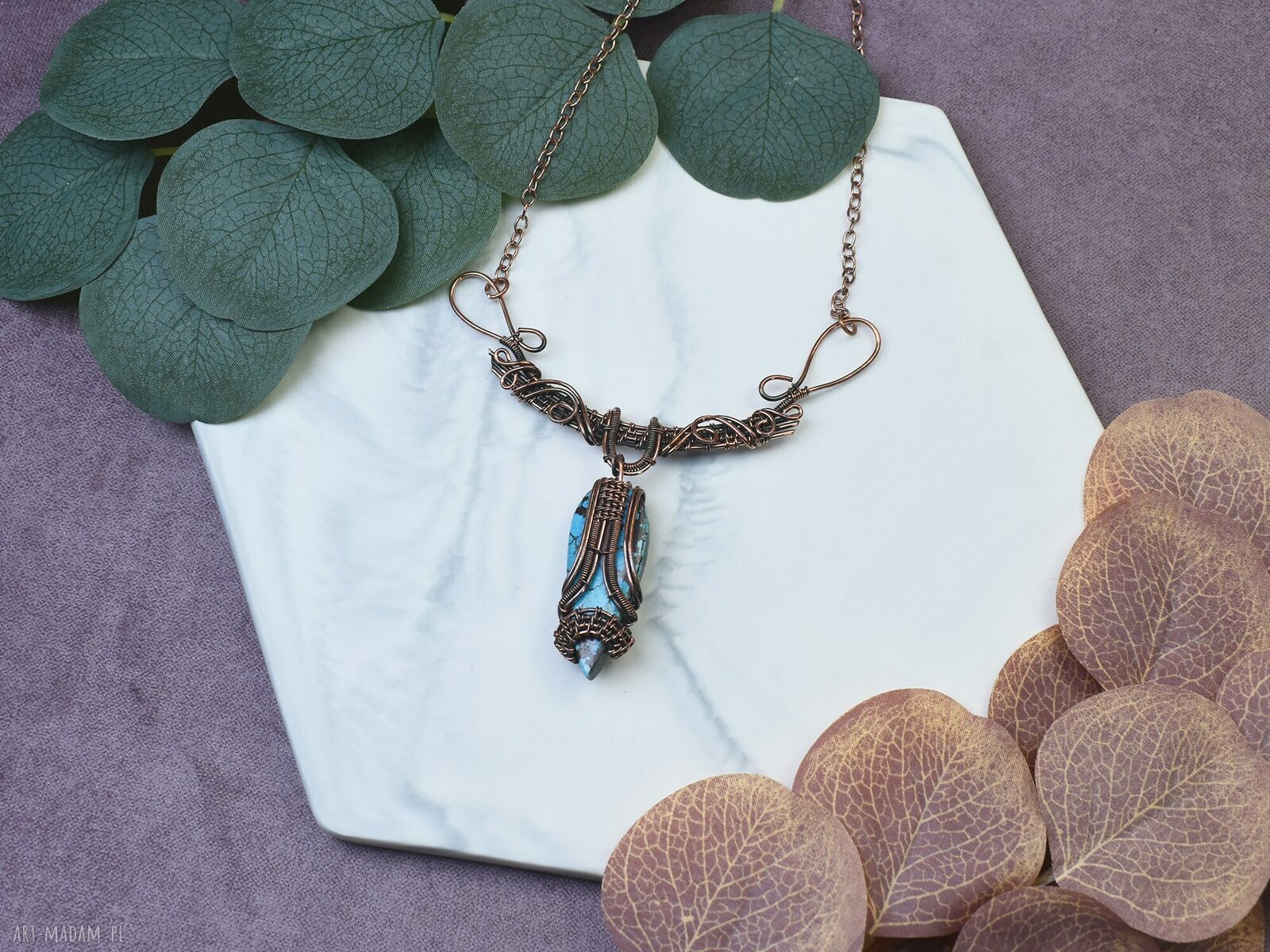 Naszyjnik z kamieniem miedziany wire wrapping, amulet