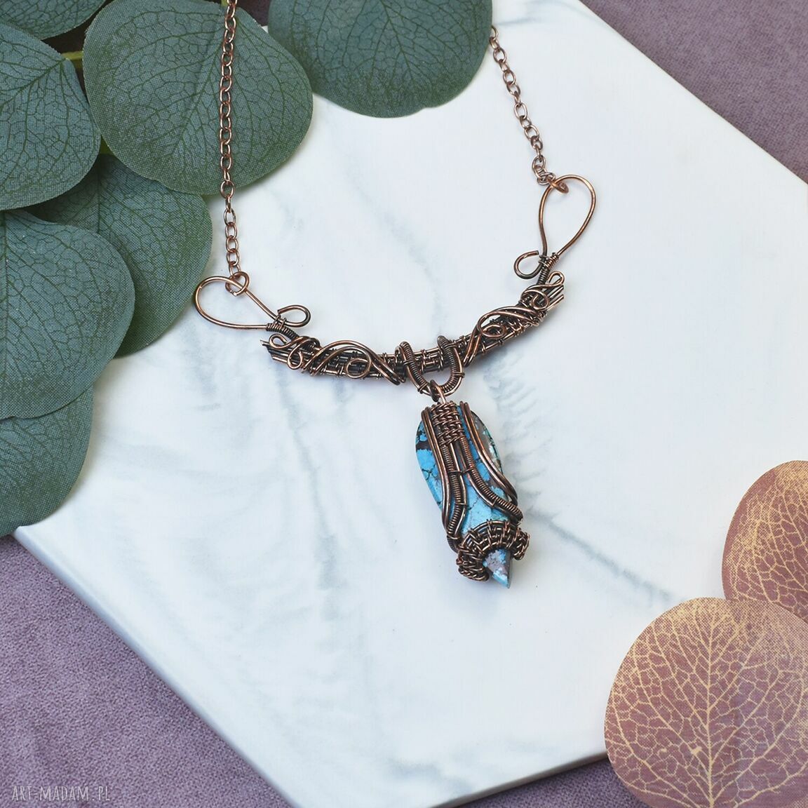 Naszyjnik z kamieniem - miedziany wire wrapping, amulet