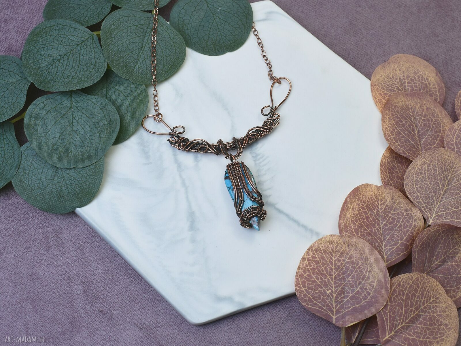 Naszyjnik z kamieniem miedziany wire wrapping, amulet