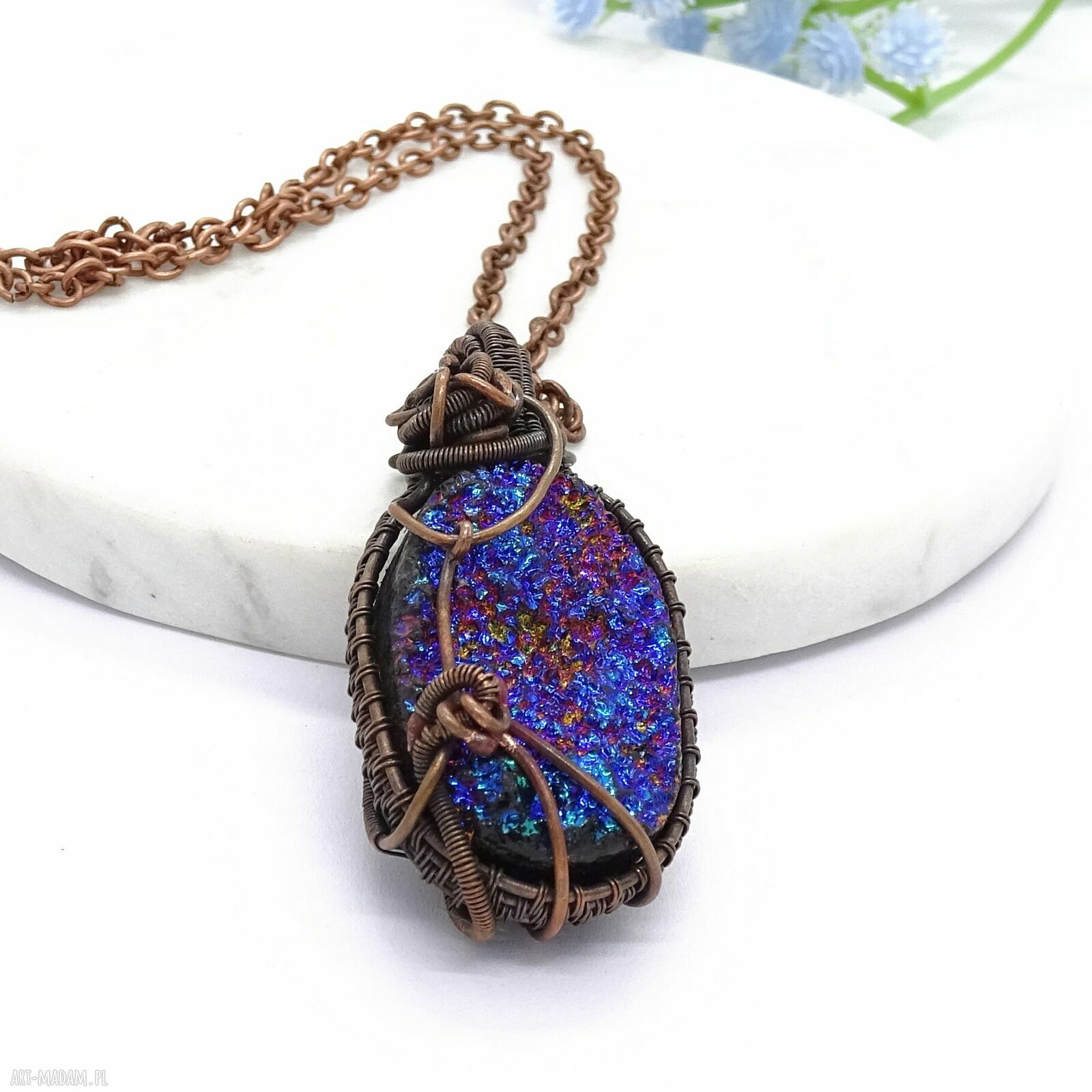 Miedziany naszyjnik z galwanizowanym agatem - kobalt i fiolet wire-wrapping