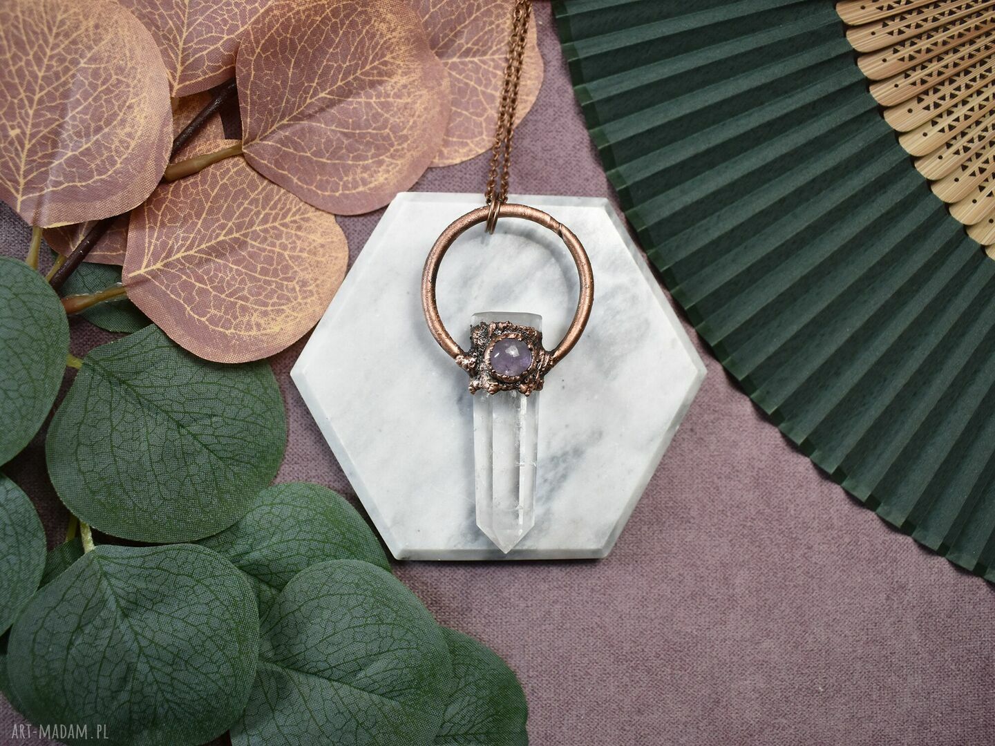 Miedziany wisior amulet z ametystem i kwarcem Handmade na prezent