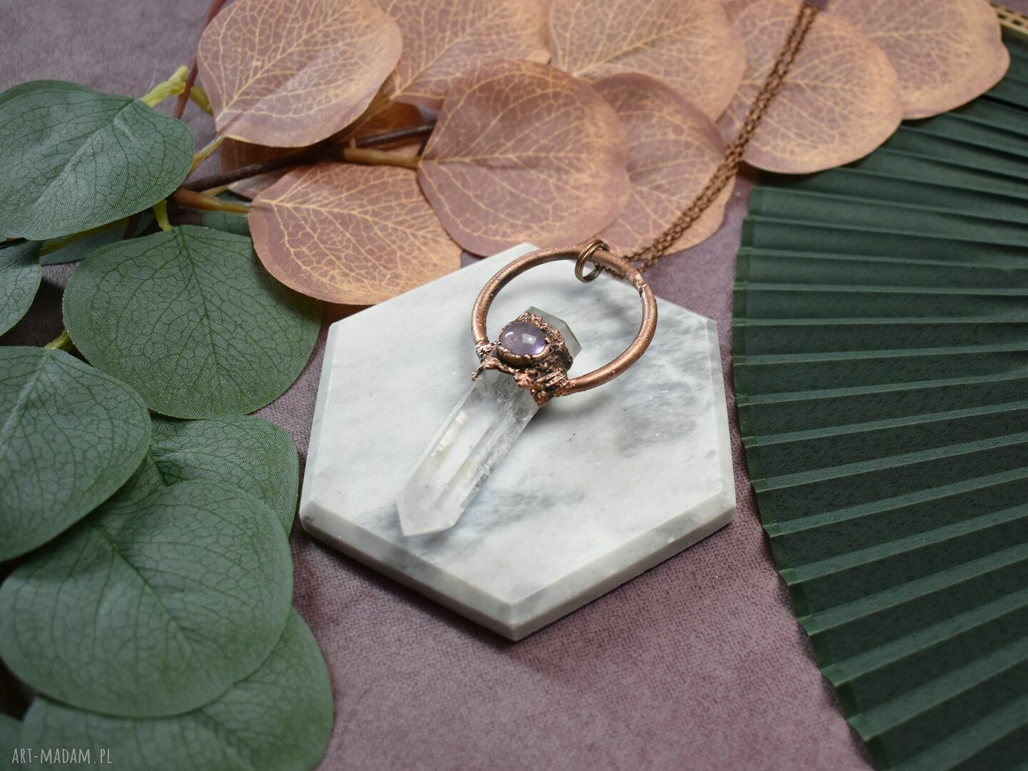 Miedziany wisior amulet z ametystem i kwarcem Handmade na prezent