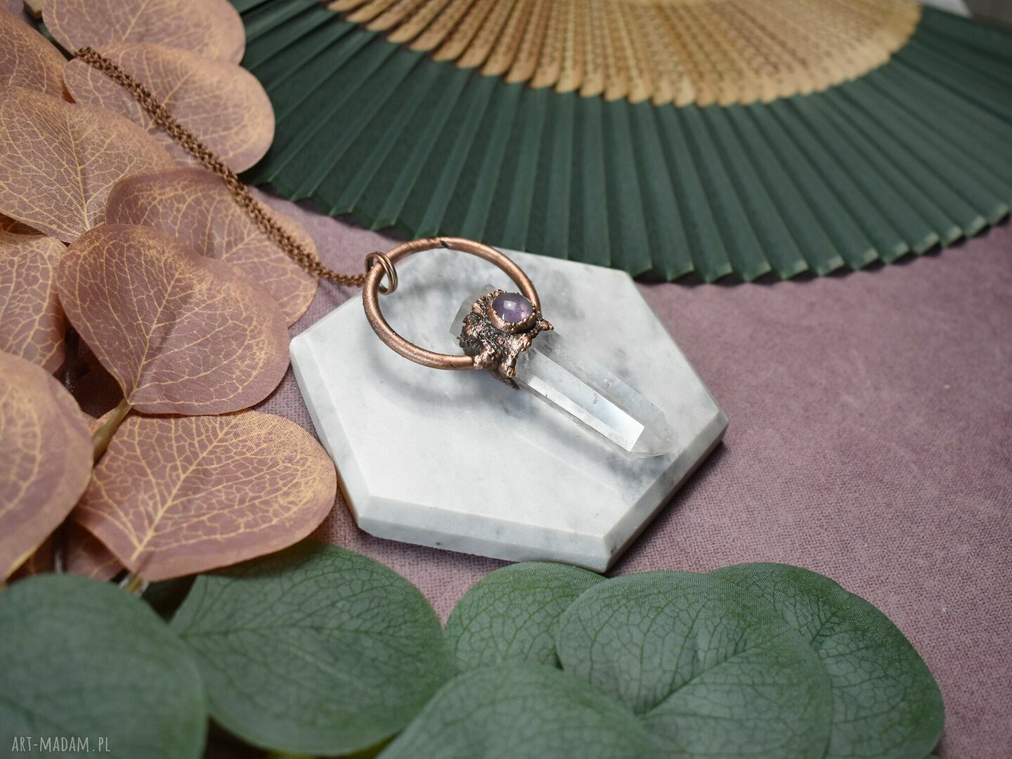 Miedziany wisior amulet z ametystem i kwarcem Handmade na prezent