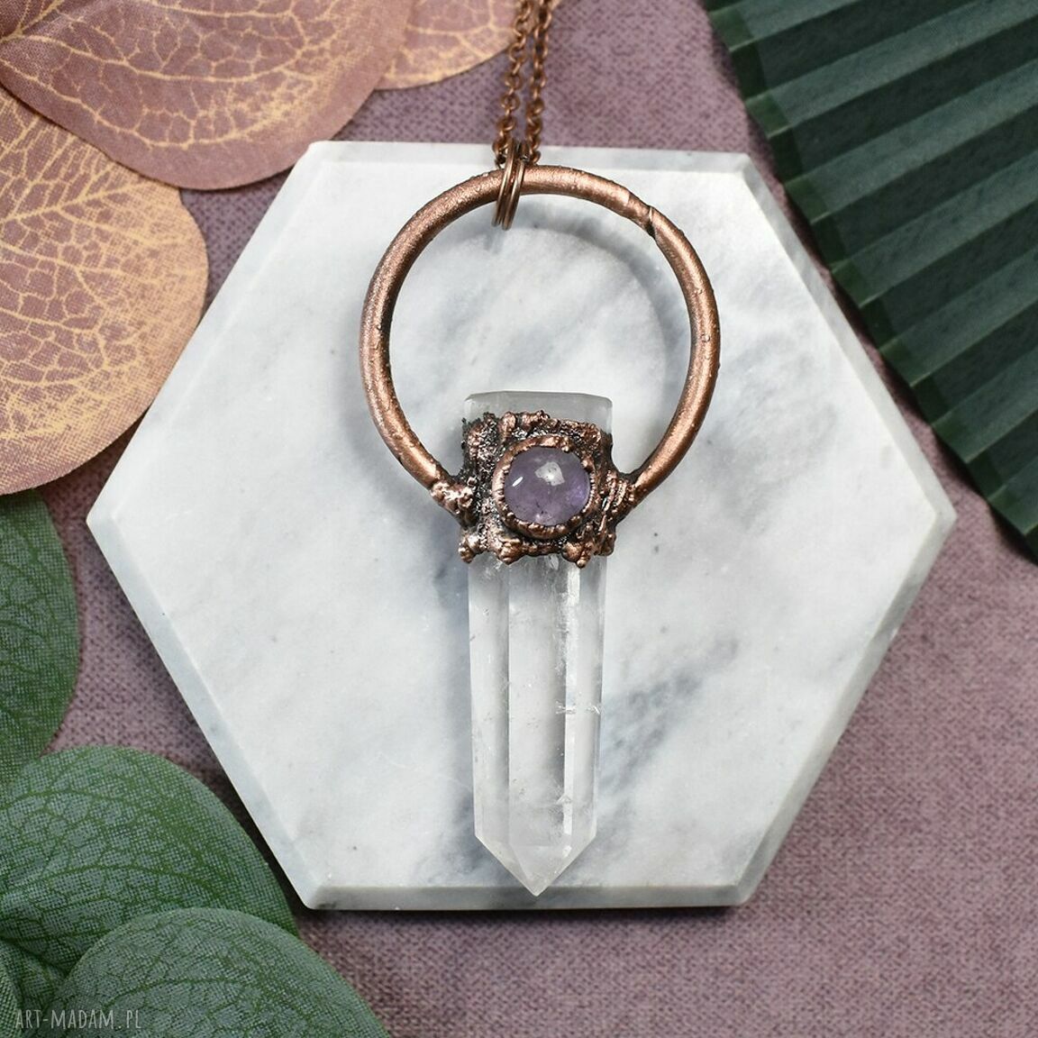 Miedziany wisior-amulet z ametystem i kwarcem - Handmade na prezent