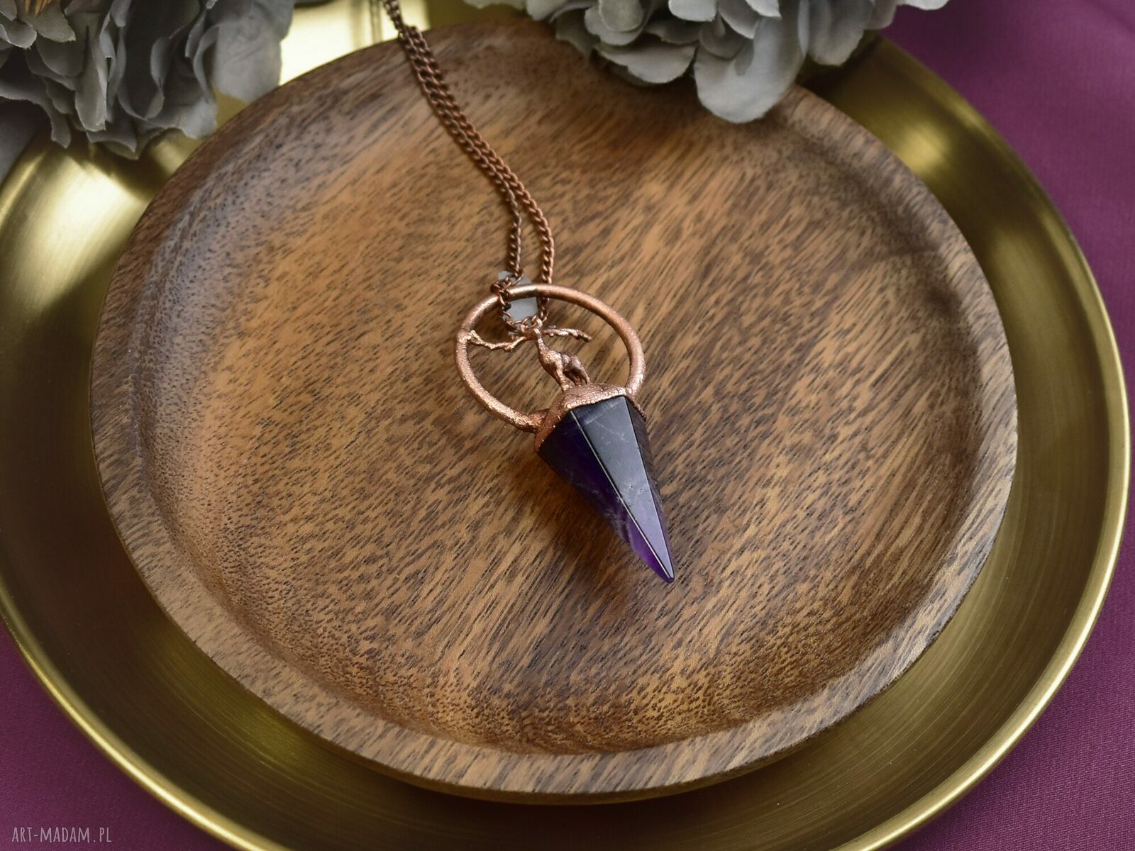 Miedziany wisior z ametystem i jeleniem #161 amulet na prezent, ręcznie robiony
