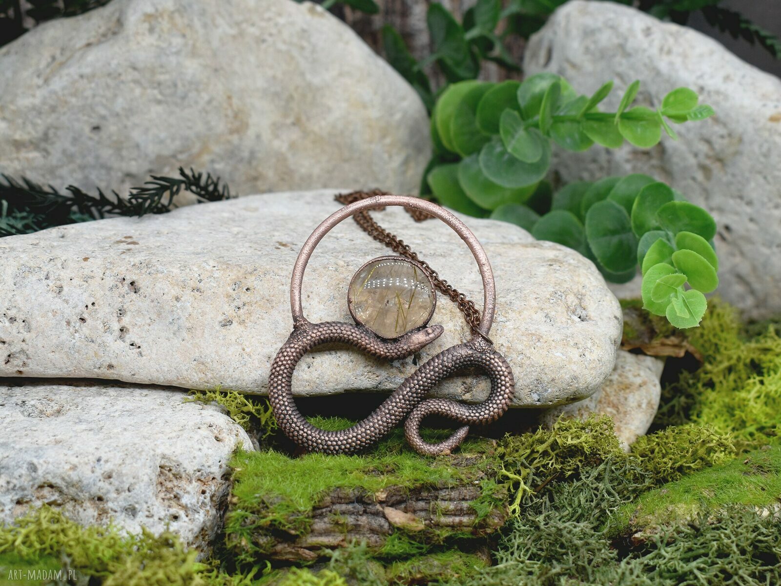 wisiorki: Miedziany wisiorek wąż kwarc z rutylem #350 Handmade
