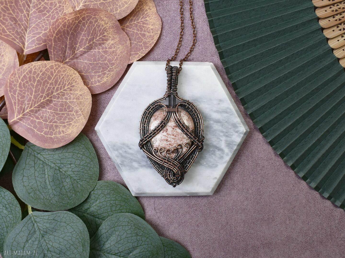 Miedziany wisiorek Wire Wrapping z agatem Crazy Lace ręcznie robiony