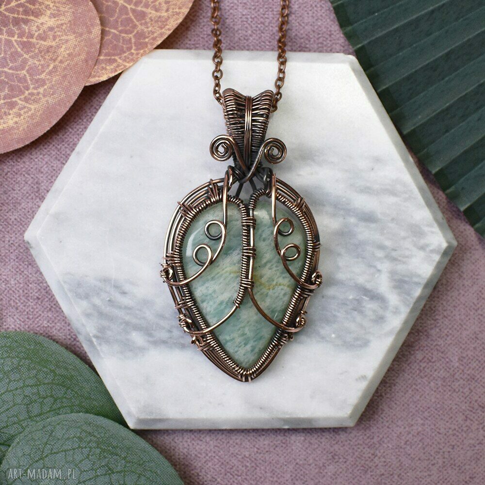 Miedziany wisiorek wire wrapping z amazonitem - ręcznie robiony