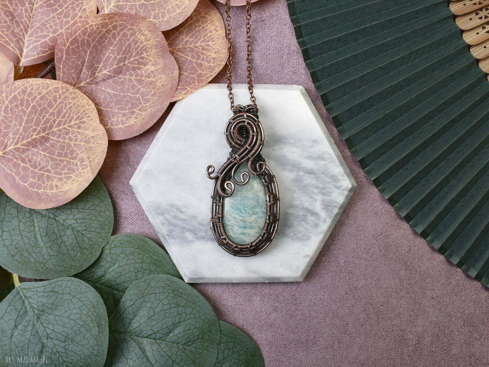 Miedziany wisiorek wire wrapping z amazonitem #470 ręcznie robiony