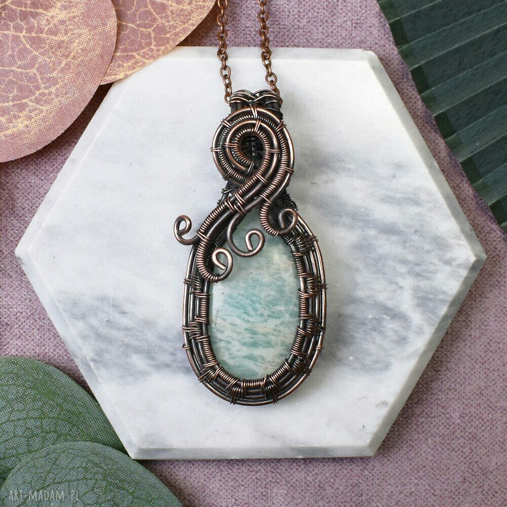 Miedziany wisiorek wire wrapping z amazonitem #470 - ręcznie robiony