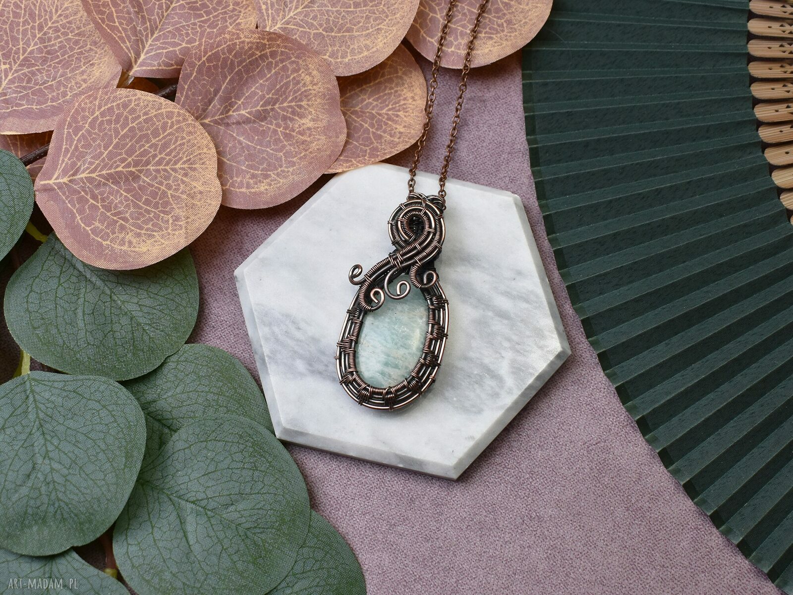 Miedziany wisiorek wire wrapping z amazonitem #470 ręcznie robiony