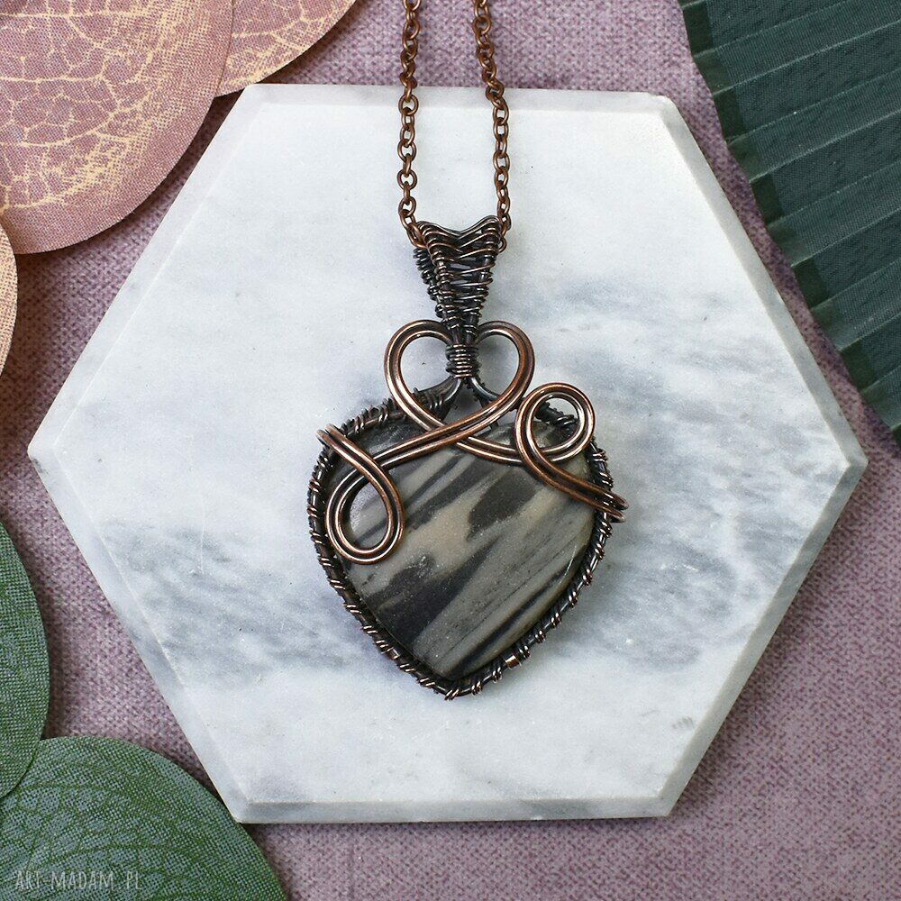 Miedziany wisiorek wire wrapping z jaspisem #412 - ręcznie robiony boho amulet