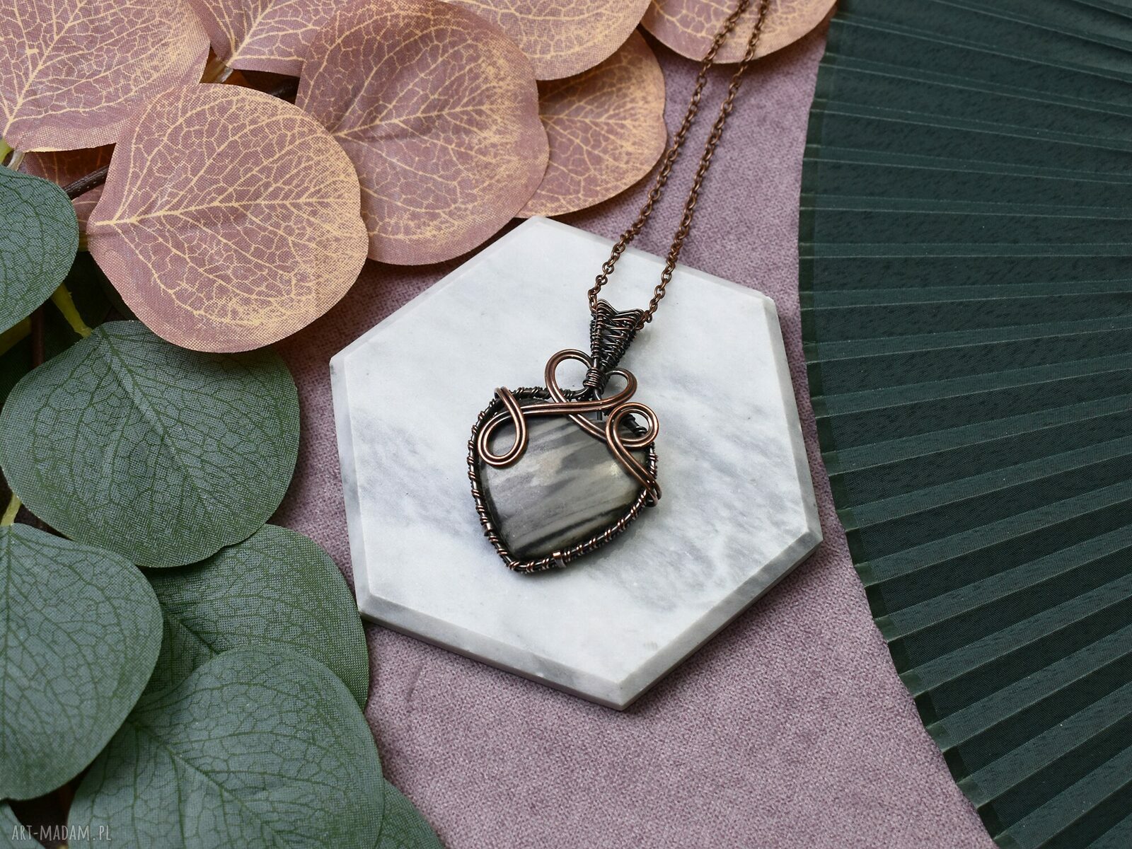 Miedziany wisiorek wire wrapping z jaspisem #412 ręcznie robiony boho amulet