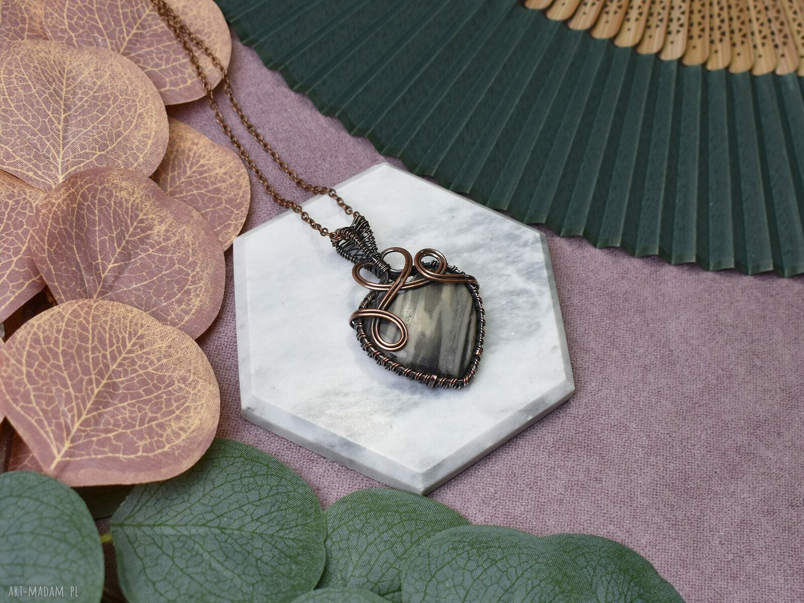 Miedziany wisiorek wire wrapping z jaspisem #412 ręcznie robiony boho amulet