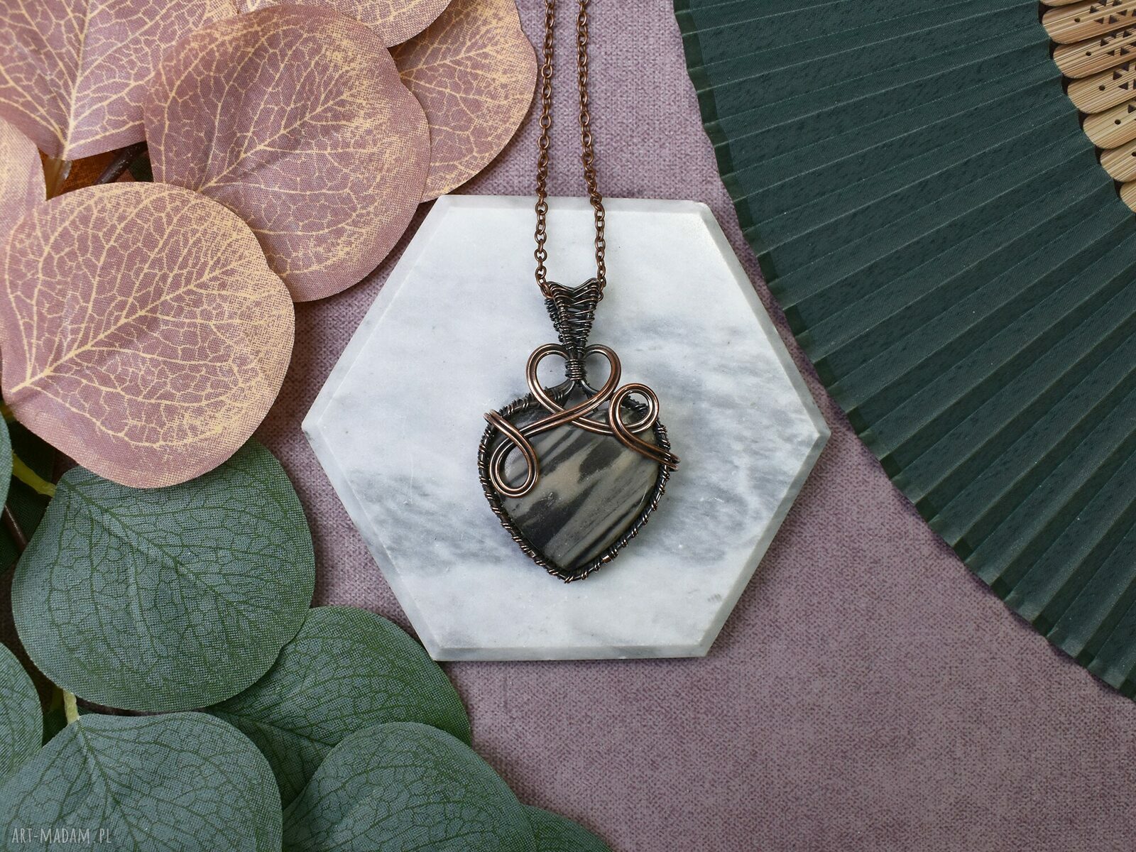 Miedziany wisiorek wire wrapping z jaspisem #412 ręcznie robiony boho amulet
