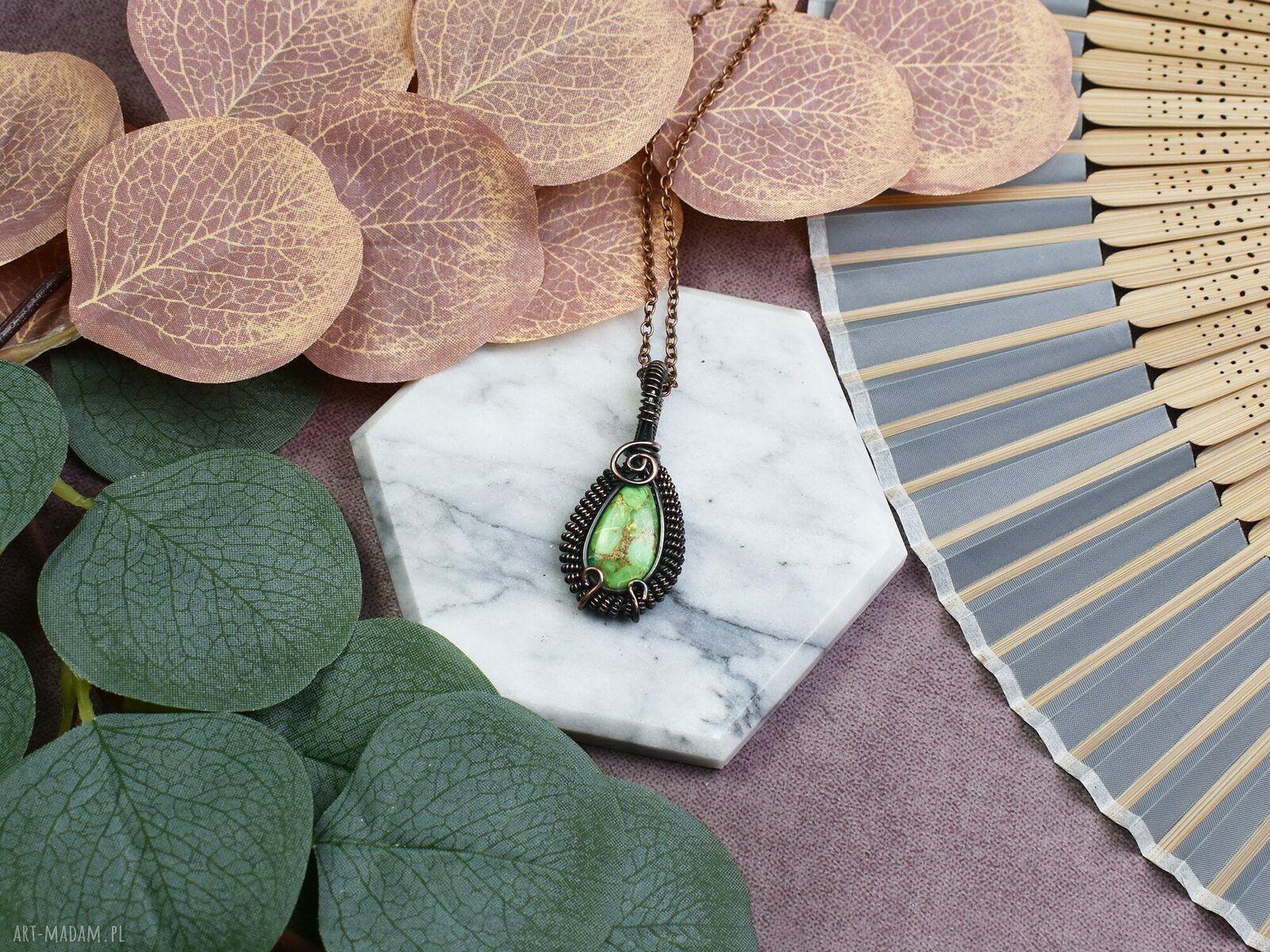 Miedziany wisiorek wire wrapping z jaspisem imperialnym – ręcznie robiony z kamieniem naturalnym