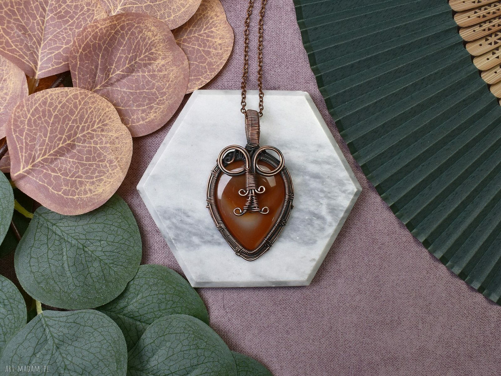 Miedziany wisiorek wire wrapping z karneolem #422 ręcznie robiony amulet
