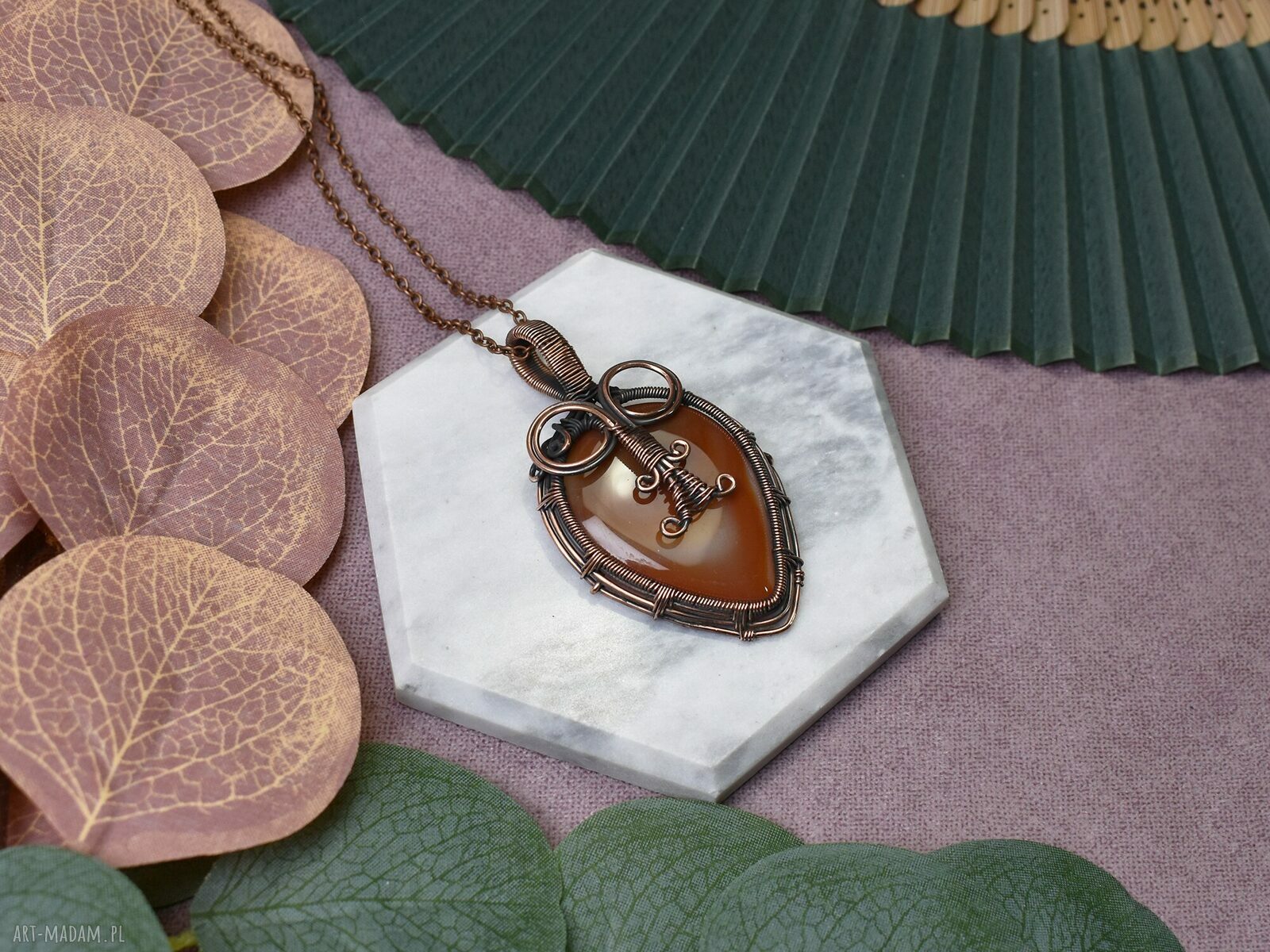Miedziany wisiorek wire wrapping z karneolem #422 ręcznie robiony amulet