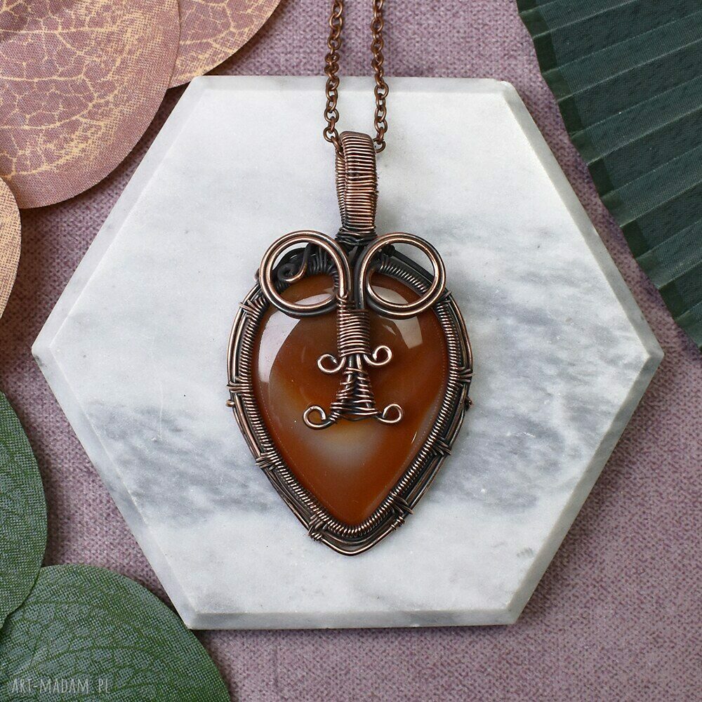 Miedziany wisiorek wire wrapping z karneolem #422 - ręcznie robiony amulet