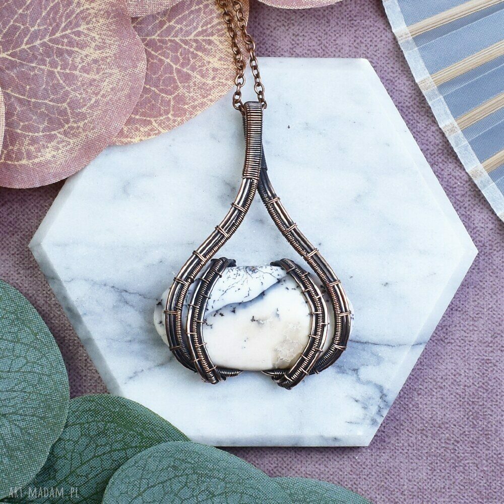 Miedziany wisiorek Wire Wrapping z kamieniem w stylu boho - ręcznie robiony naszyjnik art-Madam.pl
