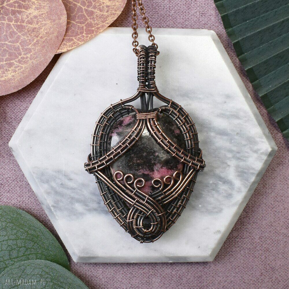 Miedziany wisiorek boho z rodonitem - wire wrapping