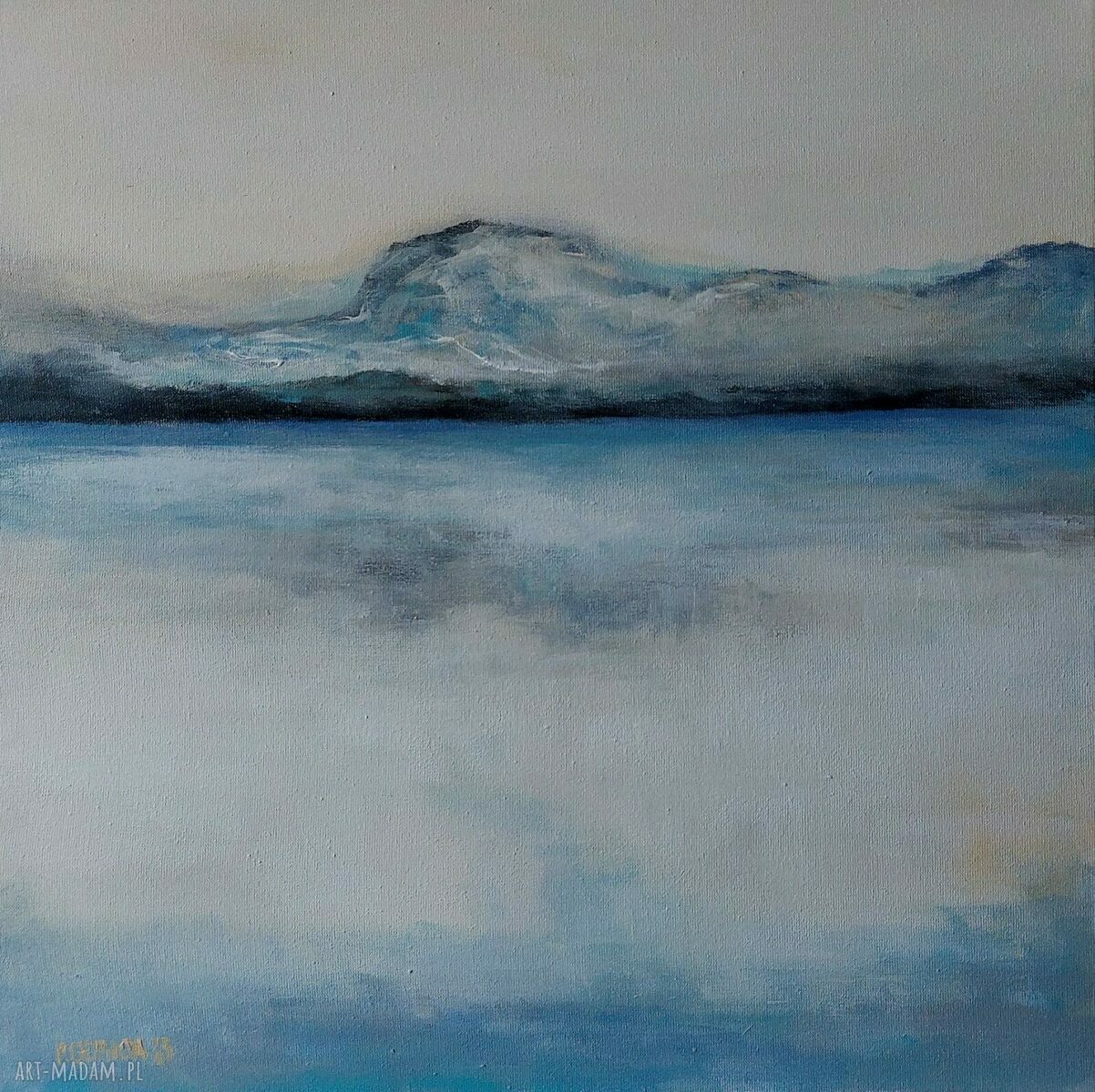 MIEJSCE - obraz akrylowy 40x40 cm (sygnowany, bez ramy), niebieskie i szare odcienie