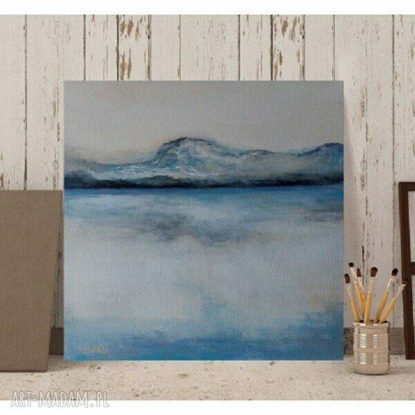 MIEJSCE - obraz akrylowy 40x40 cm (sygnowany, bez ramy), niebieskie i szare odcienie