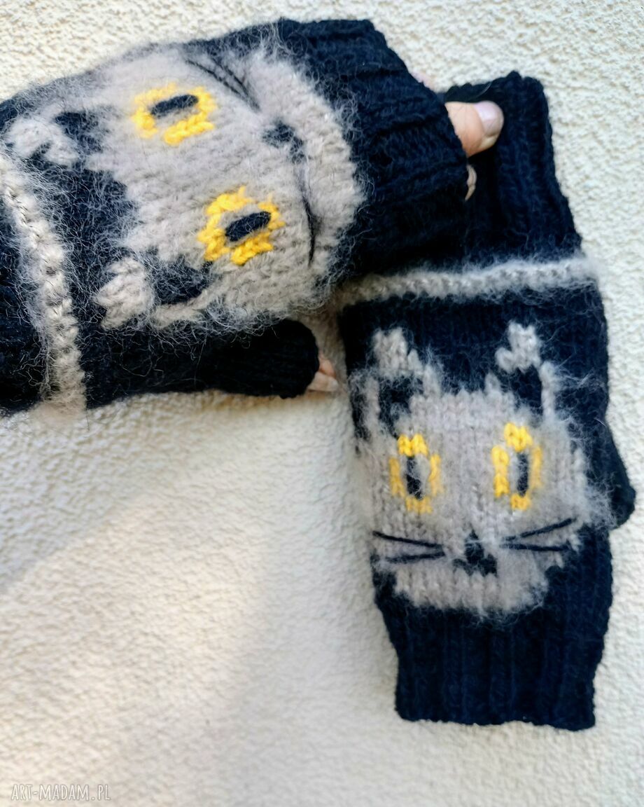 Mitenki w kotki - wełniane rękawiczki bez palców handmade