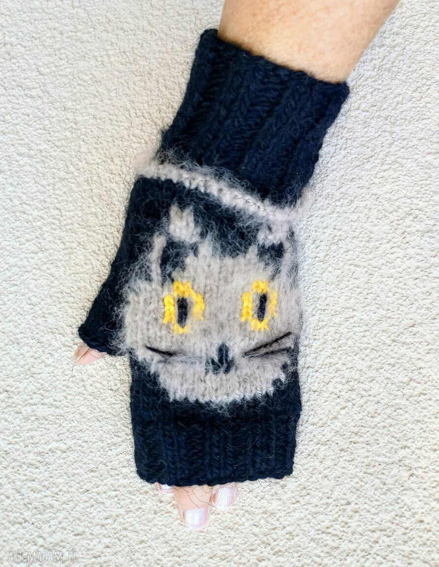 Mitenki w kotki - wełniane rękawiczki bez palców handmade